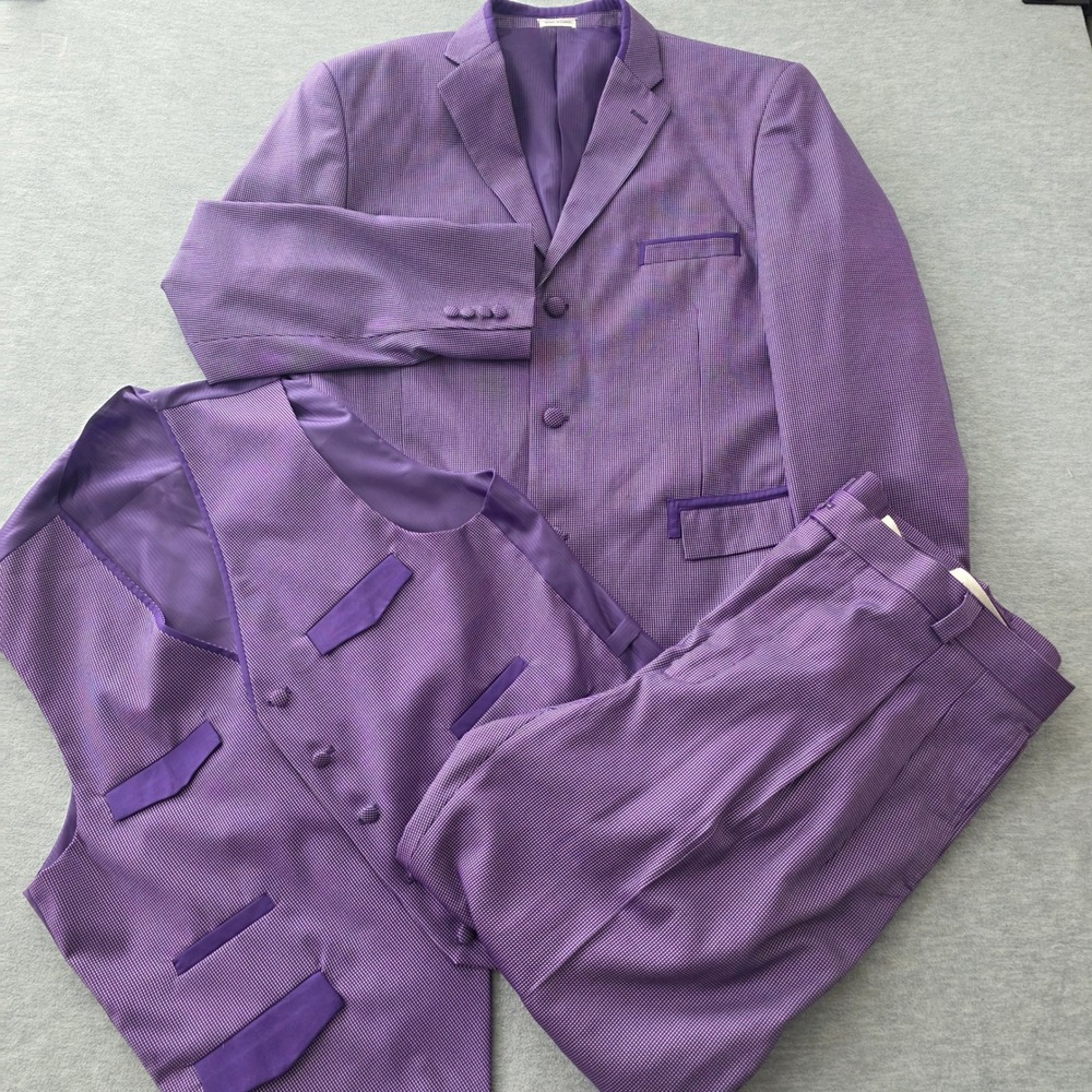 EJ Samuel Mens 3 Piece Suit Purple White Micro Check 3 Button Blazer Vest 44R